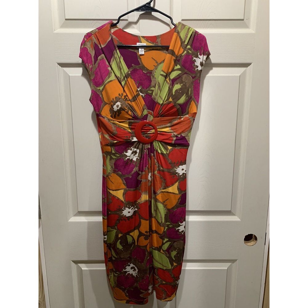 Cache‎ Floral Twist Front Red Buckle V-Neck Dress
